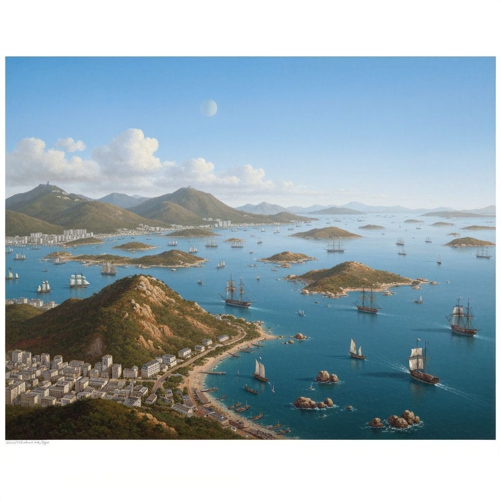 1841 Hong Kong Harbor Oil Painting with Ships and Islands