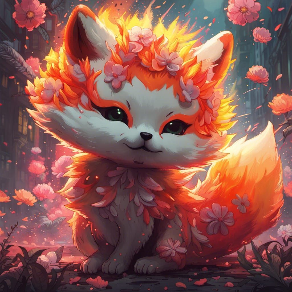Adorable Kawaii Kitsune in a Flower Fire Background