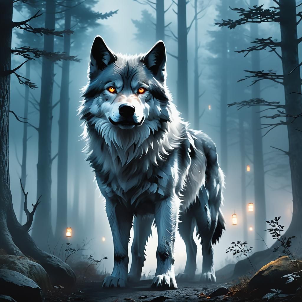 Direwolf in Misty Forest: Hyper-Realistic Digital Art
