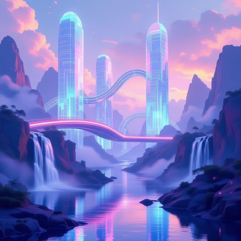 Surreal Holographic Labyrinth with Neon Lights