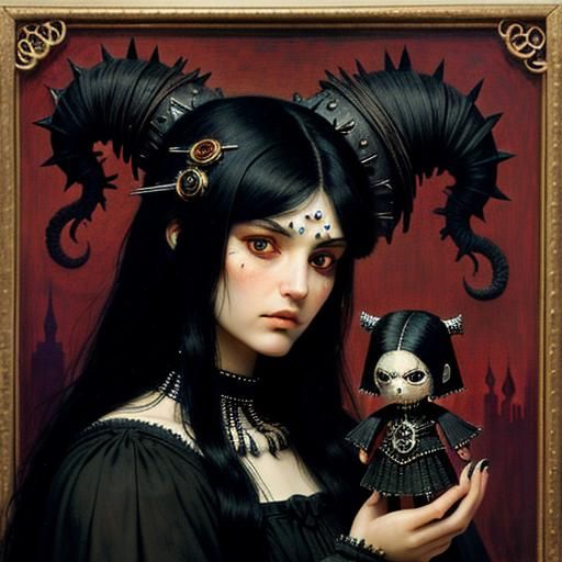 Gothic Girl with Voodoo Doll, Ornate and Detailed