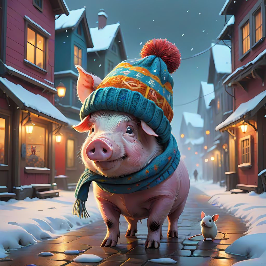 Snowy Village Scene with Tiny Pig, Mouse, and Bunny