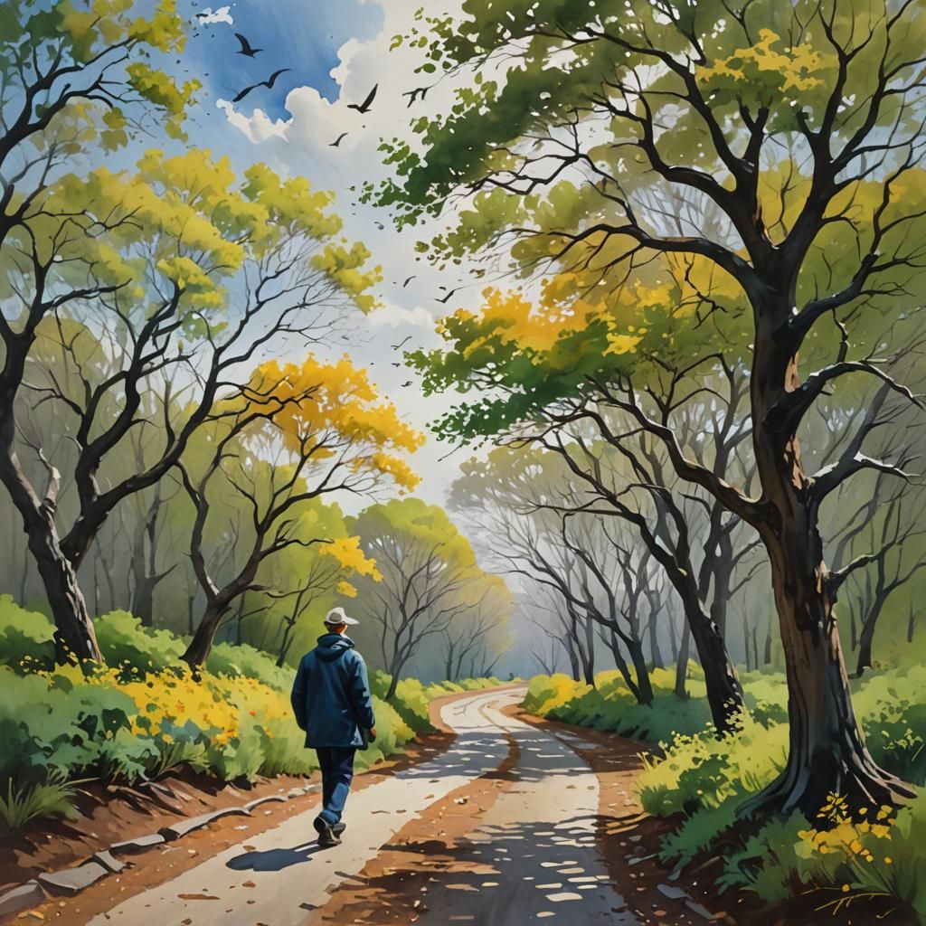 Hyperrealistic Gouache Painting of Figure on Winding Path
