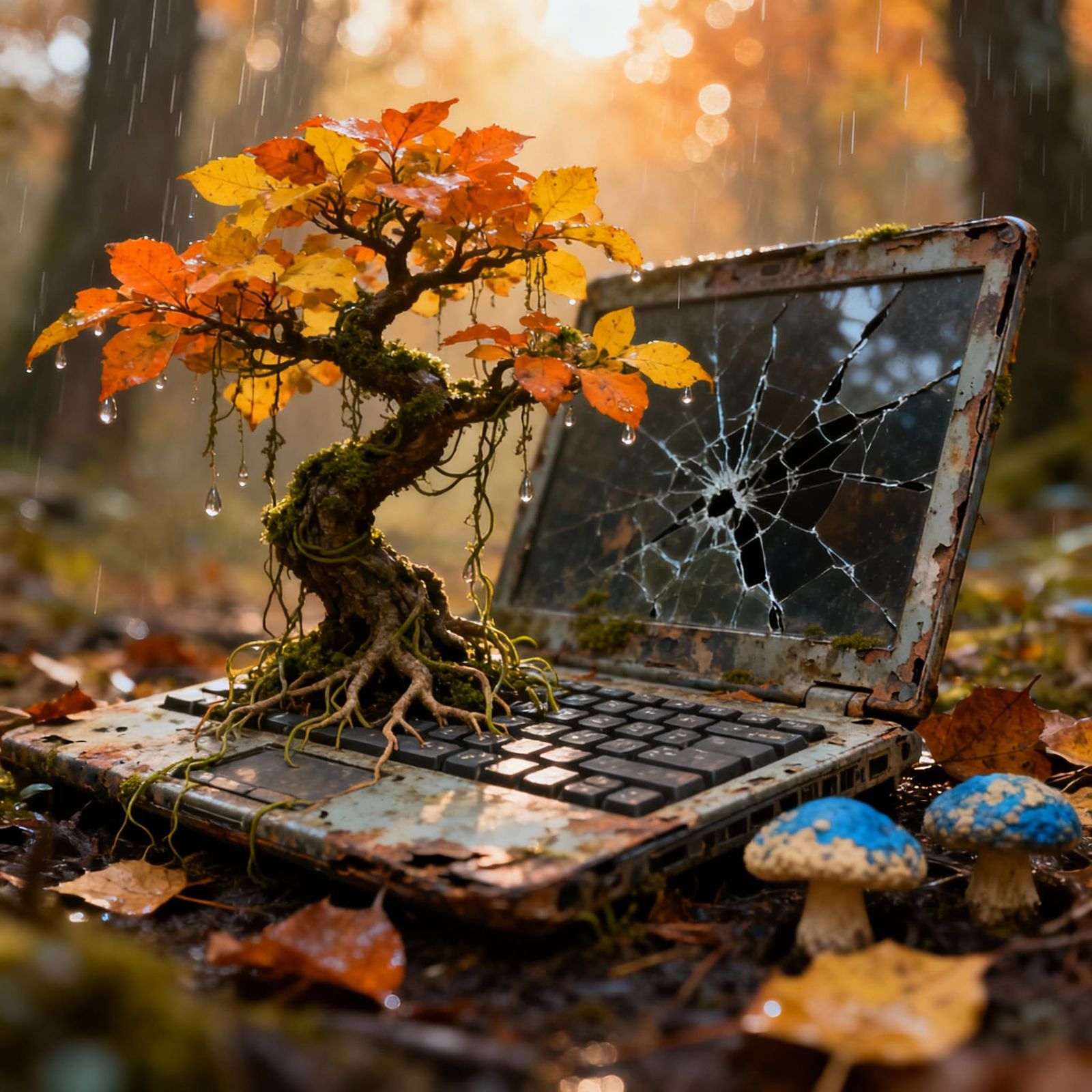 Whimsical Bonsai Tree Overgrows Rotten Laptop in Autumn Fore...