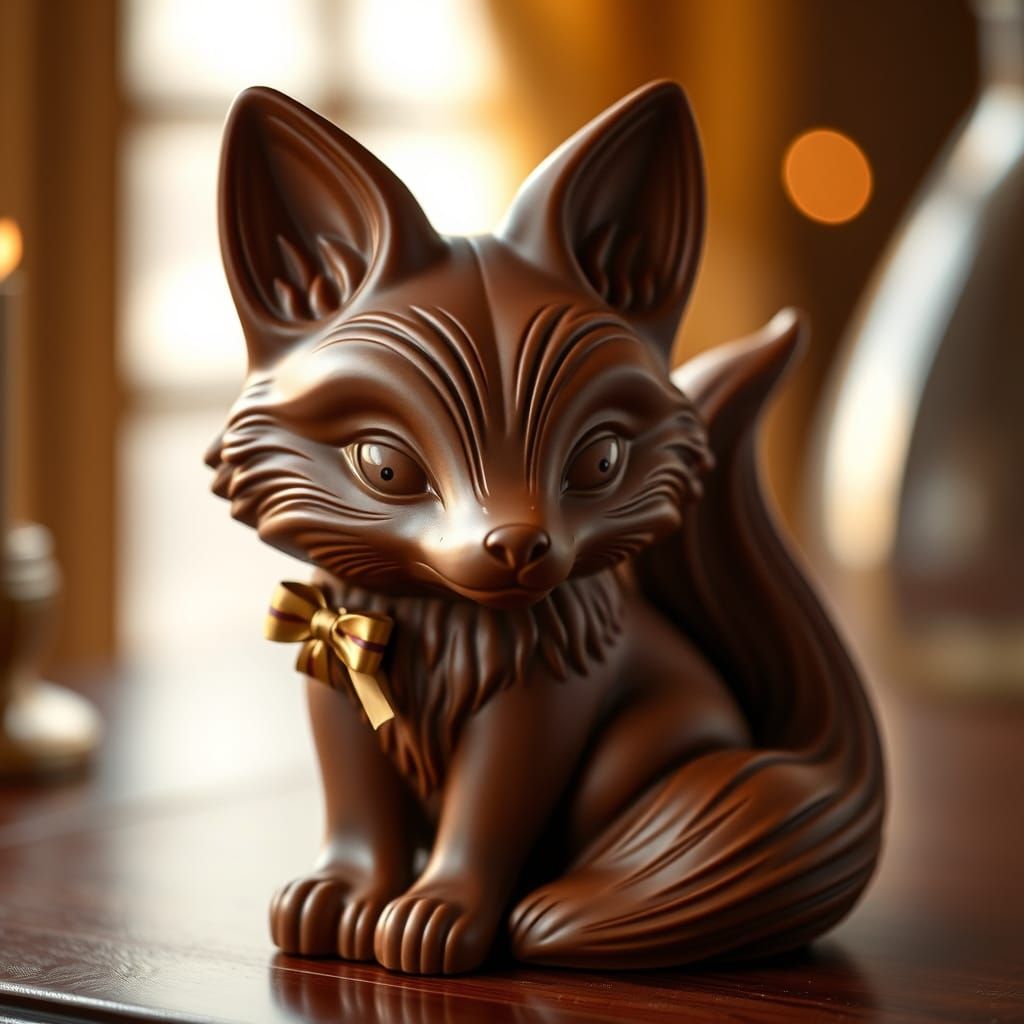 Delicate Chocolate Fox Statue with Golden Accents