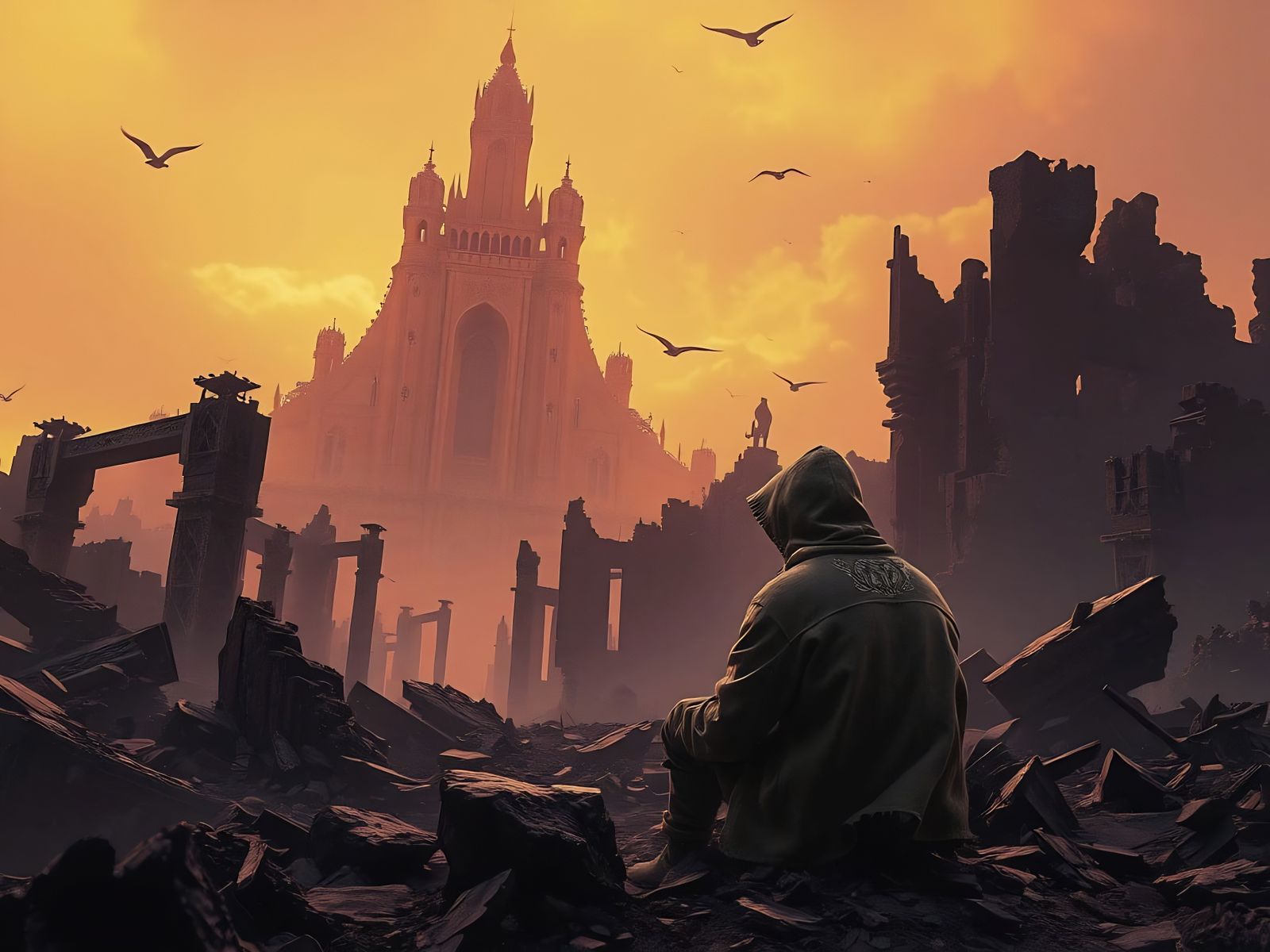 Post-Apocalyptic Figure Gazing at Towering Ruins