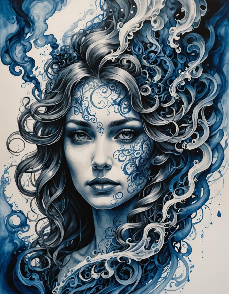 Monochromatic Blue Smoke Woman Ink Drawing