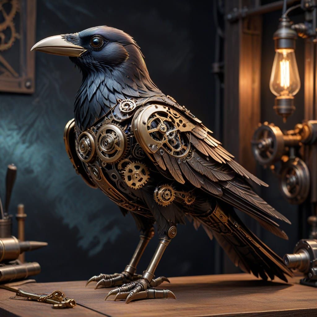 Steampunk Mechanical Raven with Ethereal Eyes