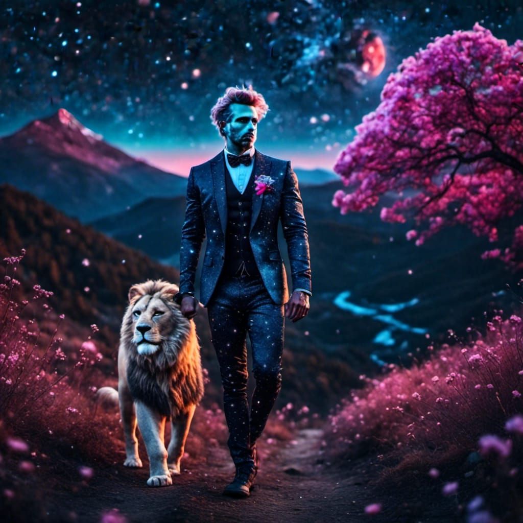Man walking outside with his lion