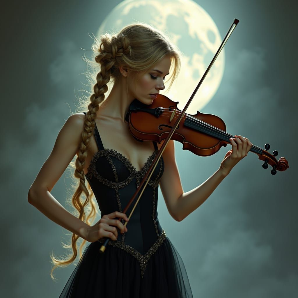 Blond Violinist in Moonlight, Impressionist Style
