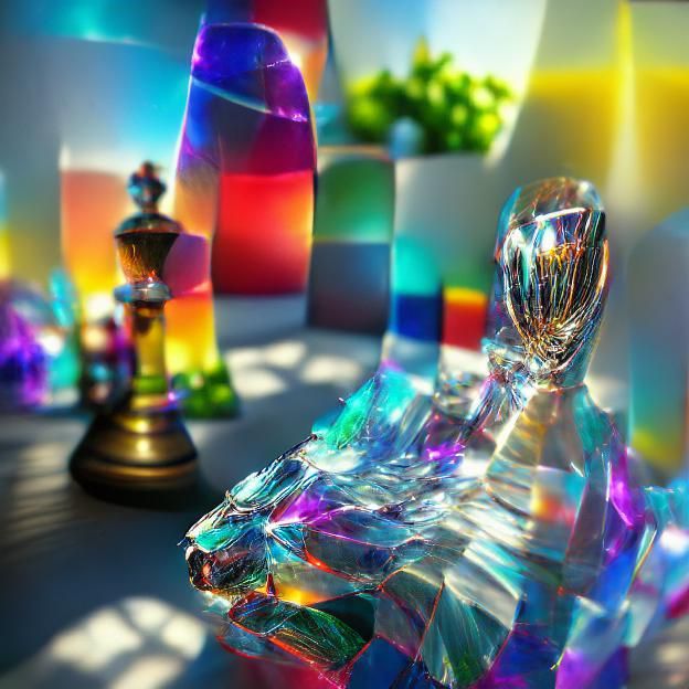 Colorful Crystal Chess Pieces in Volumetric Lighting