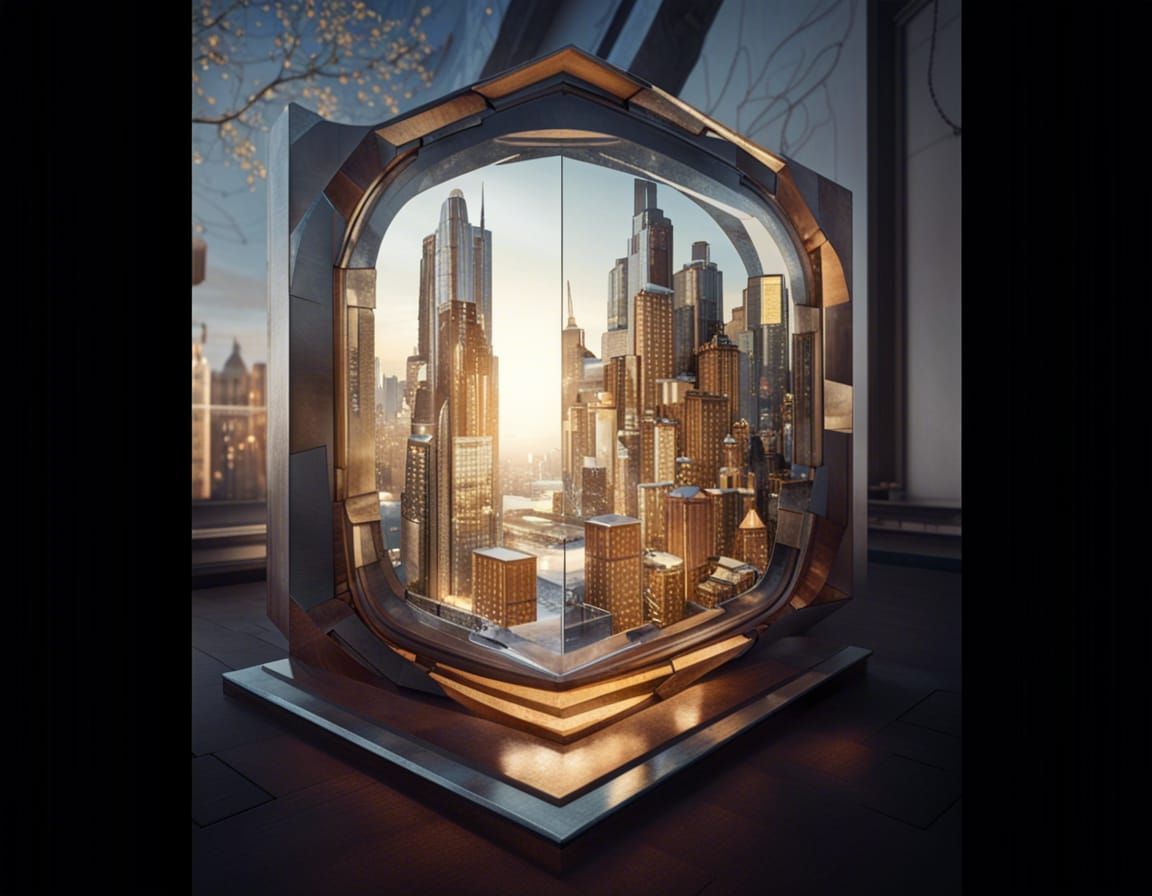 Steampunk City in Glass Cube Sculpture