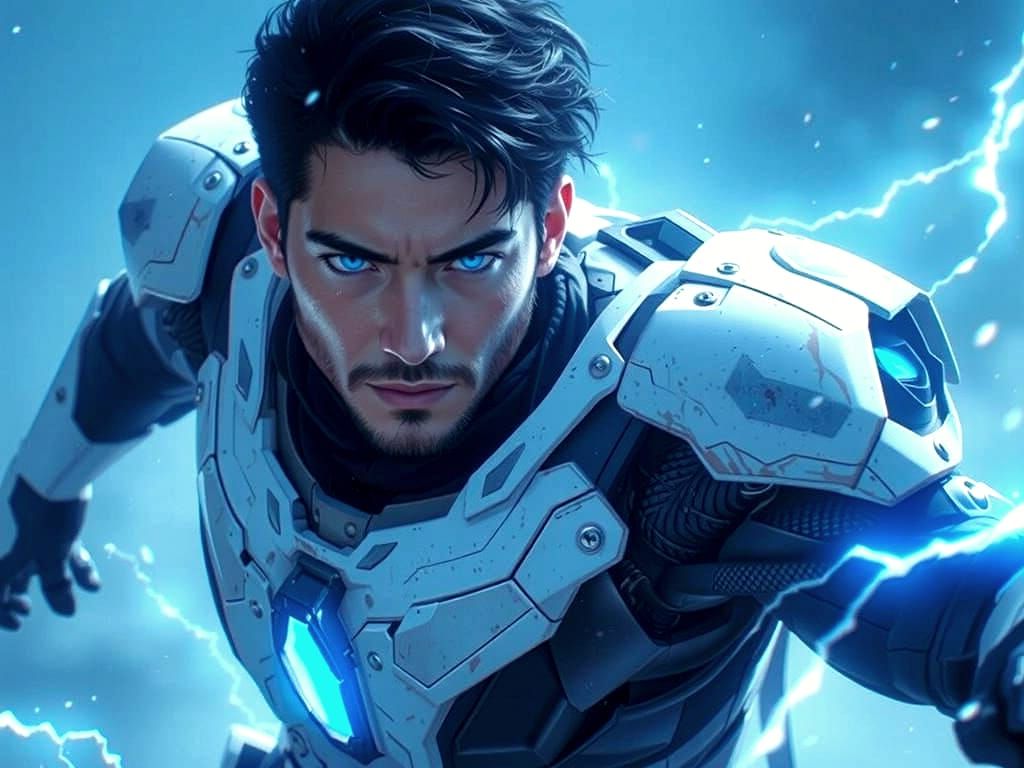 Anime Warrior Wields Electric Magic in Futuristic Armor