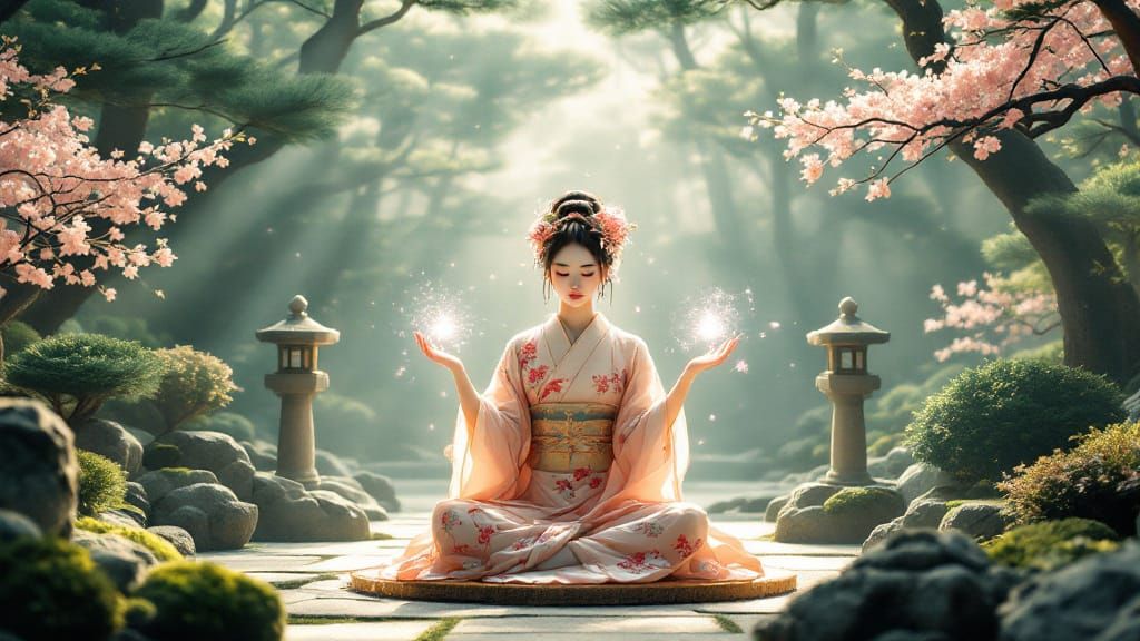 Geisha Meditating in Zen Garden, Ethereal Light