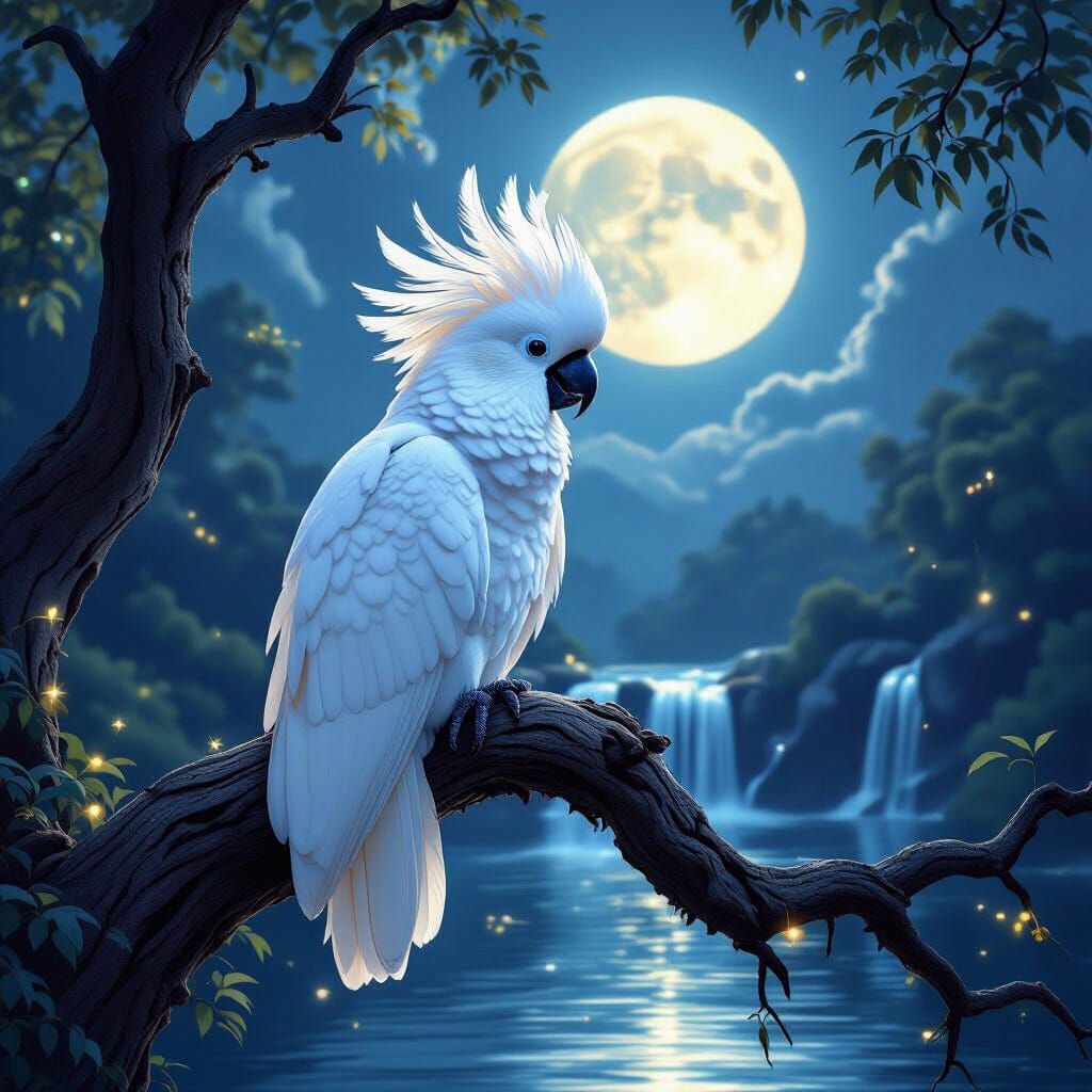 White Cockatoo in Moonlit Fantasy Landscape