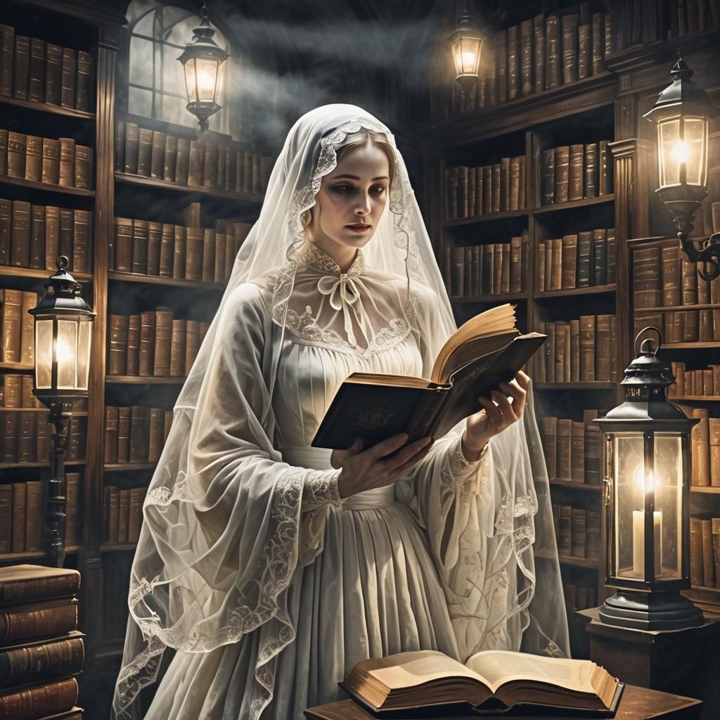 Haunted Library with Ghosts and Lanterns
