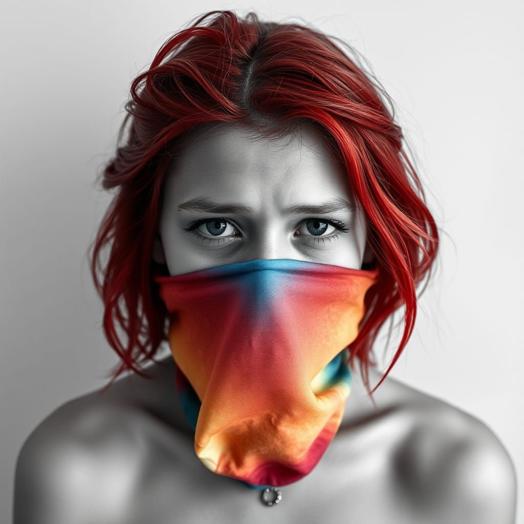 Striking Portrait of a Woman with Rainbow Cloth