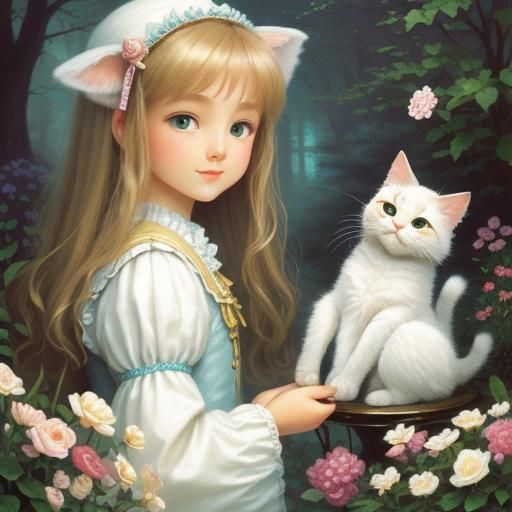 Ethereal Fantasy: Girl and Cat in Kinkade Style