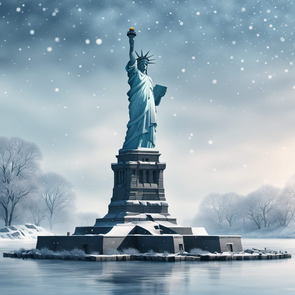 Statue of Liberty in Winter Landscape Painting