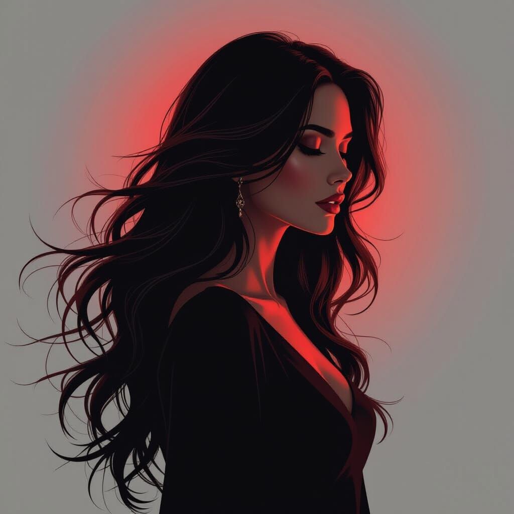 Woman Silhouette with Flowing Hair in Red Chiaroscuro Light