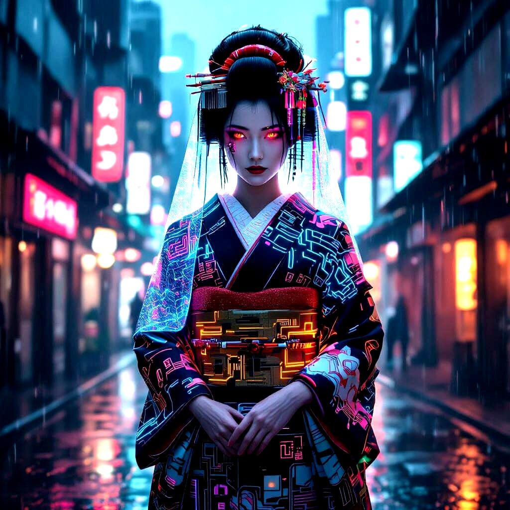 Cyberpunk Geisha with Fiber Optic Kimono