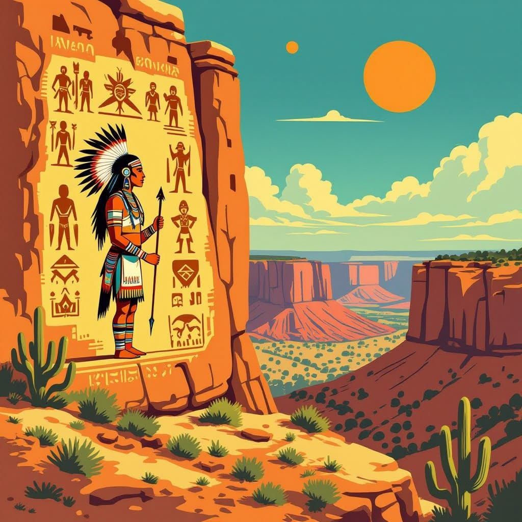 Ancient Alien Pictograms in Retro Native American Style
