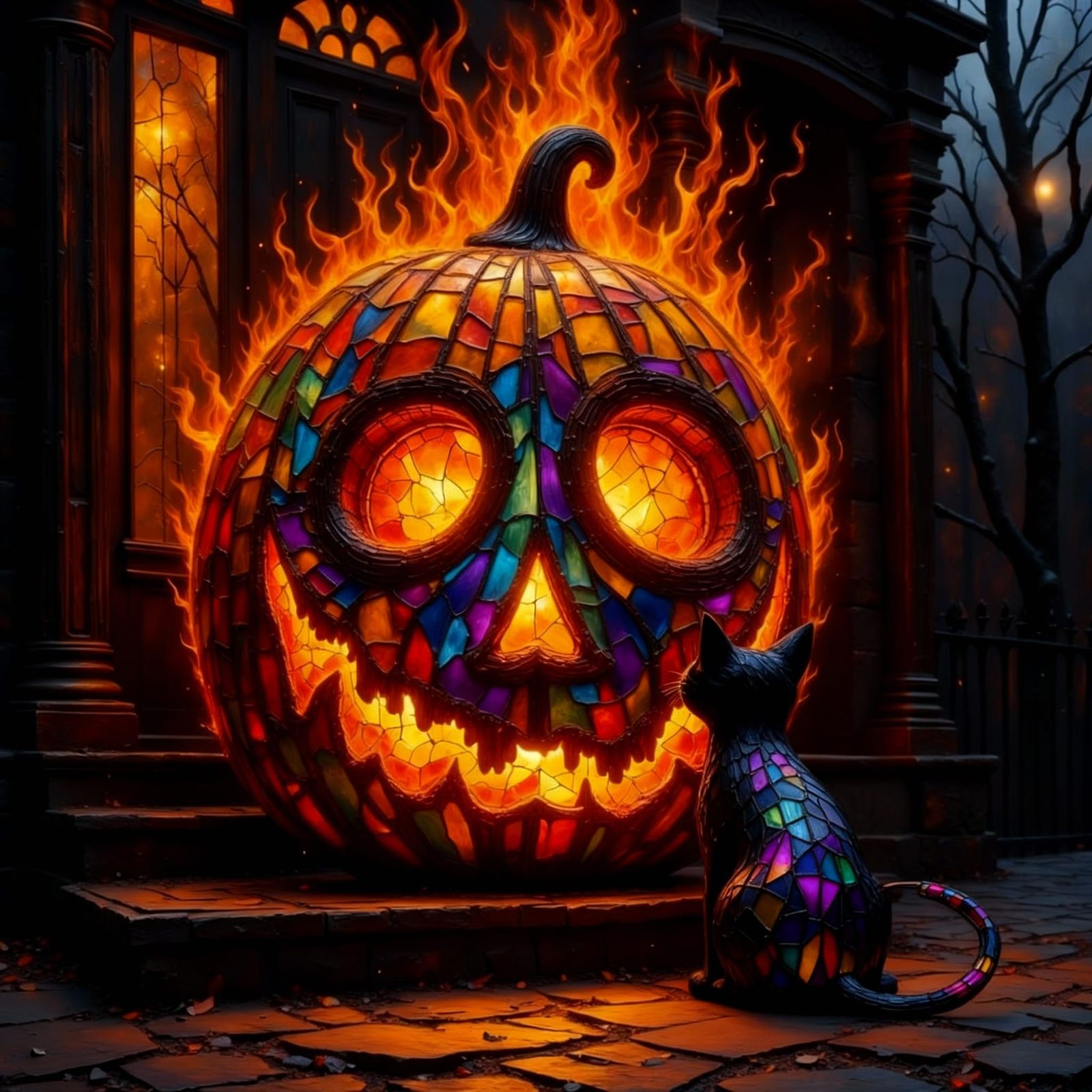 Fiery Jack O Lantern and Stained Glass Cat on Victorian Stoo...