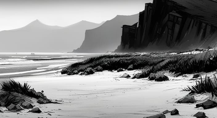 Serene Black Sand Beach in Monochrome