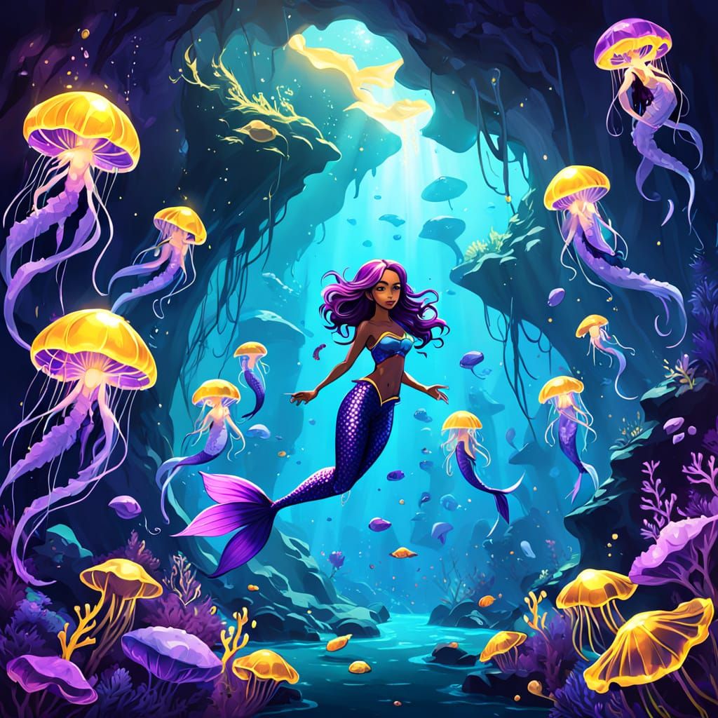 Mermaids in a Bioluminescent Ocean, Glowing Underwater Cave ...