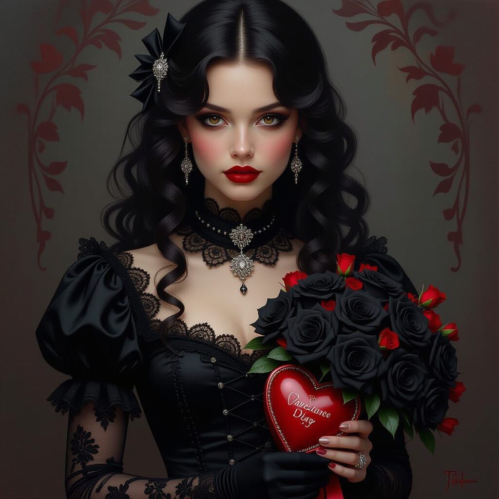 Goth Girl with Black Roses and Broken Heart Chocolates