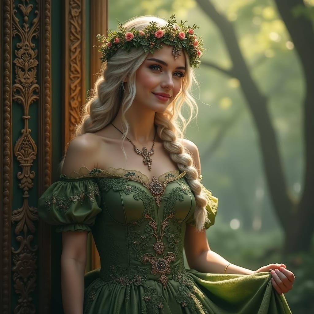 Forest Enchantress in Castle Hall with Green Gown