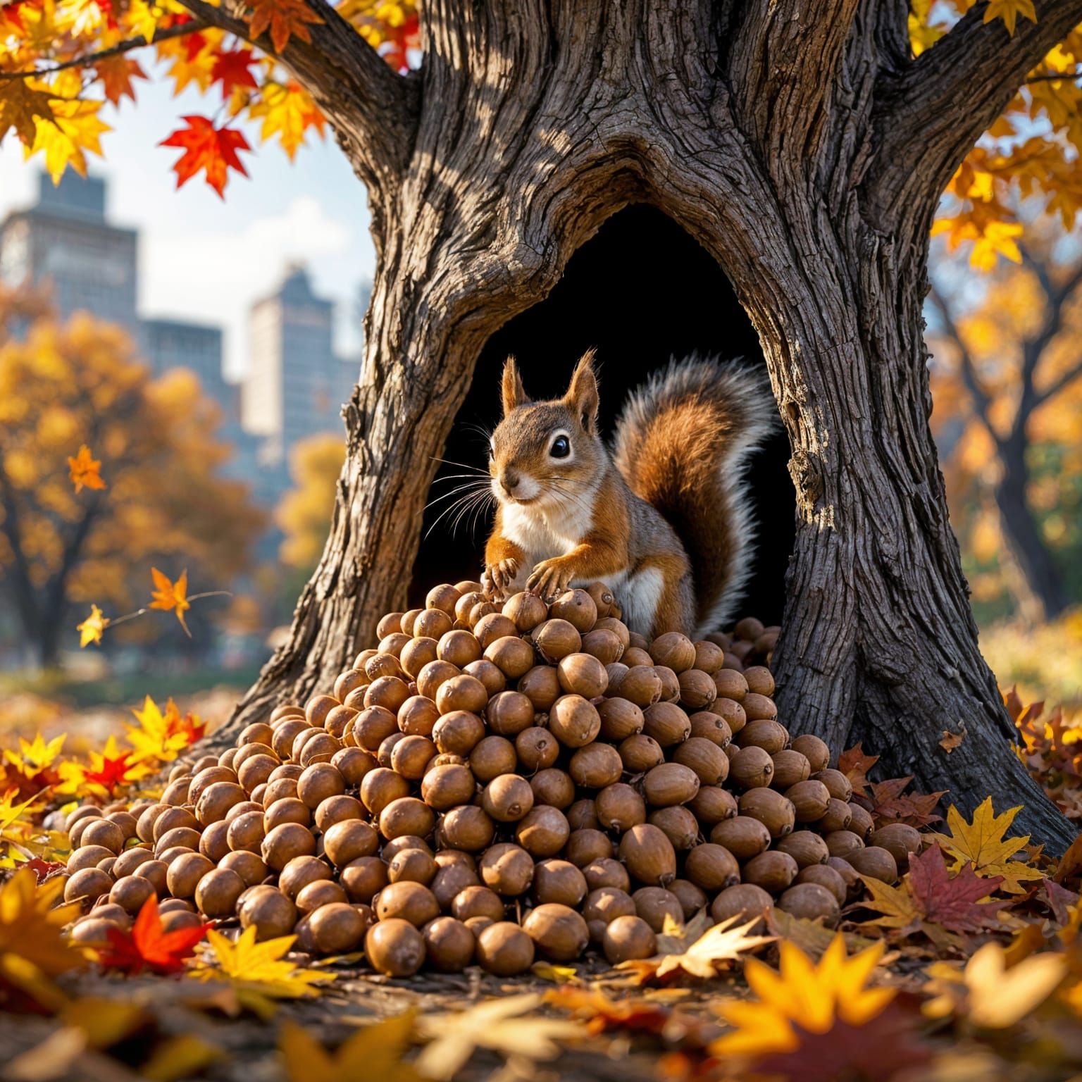 Crazy Squirrel Defends Acorn Stash in Fall Tree