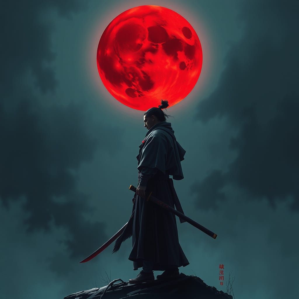 Ronin Under Blood Moon in Ukiyo-e Style