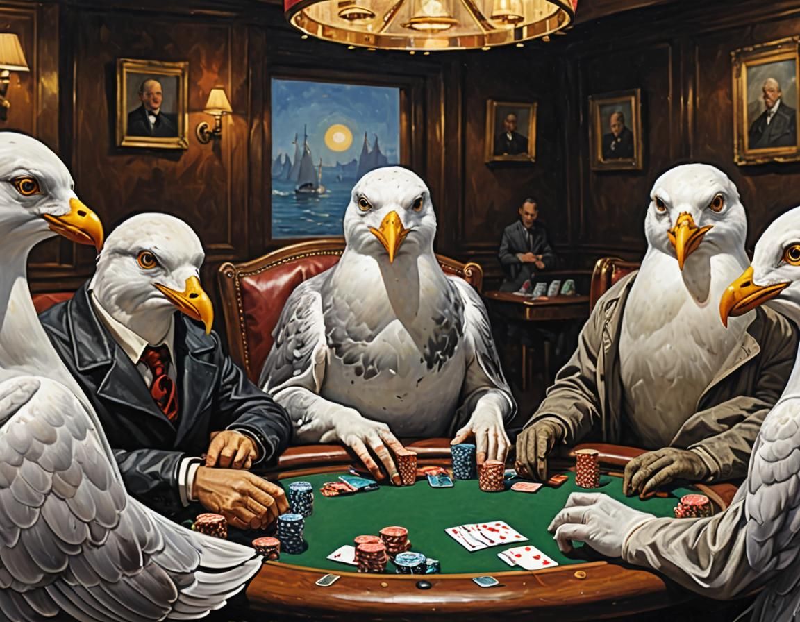 Seagull Humanoids Play Poker in Oil Painting