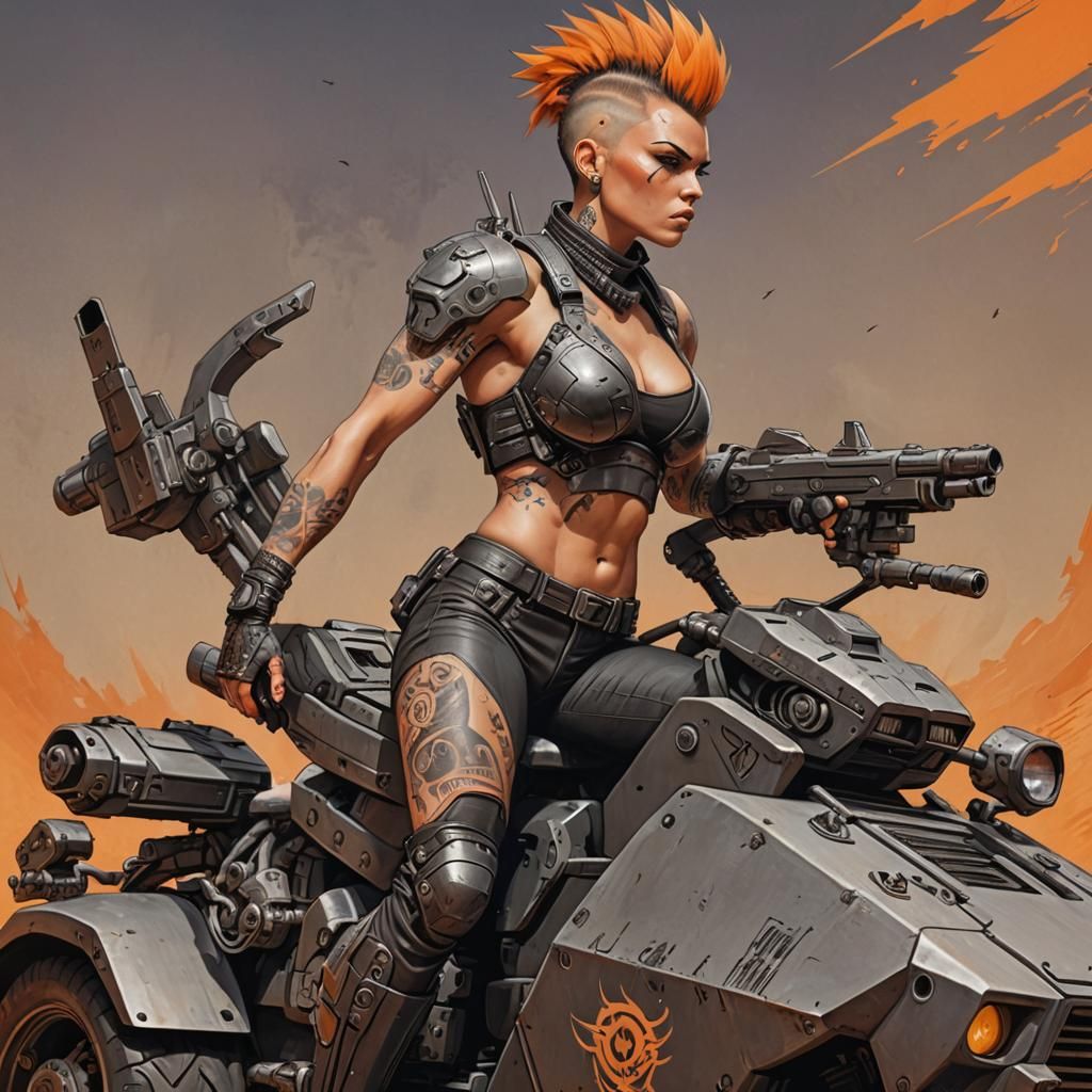 Cyberpunk Woman Rides Armored Vehicle