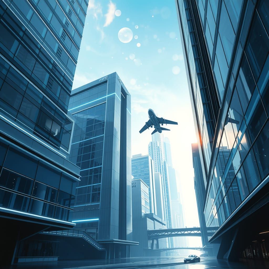 Futuristic Frutiger Aero Cityscape in Cool Blue Light