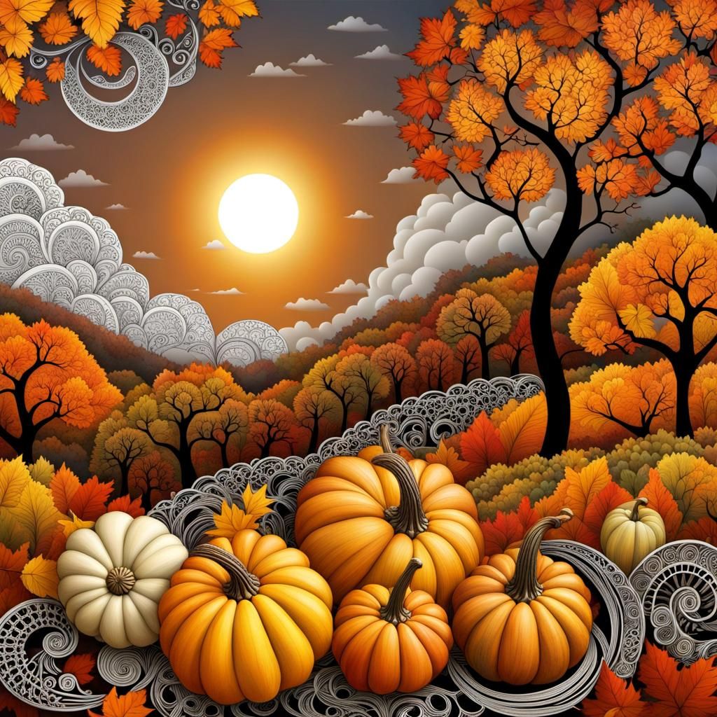 Gourds in Autumn Scene with Zentangle Details