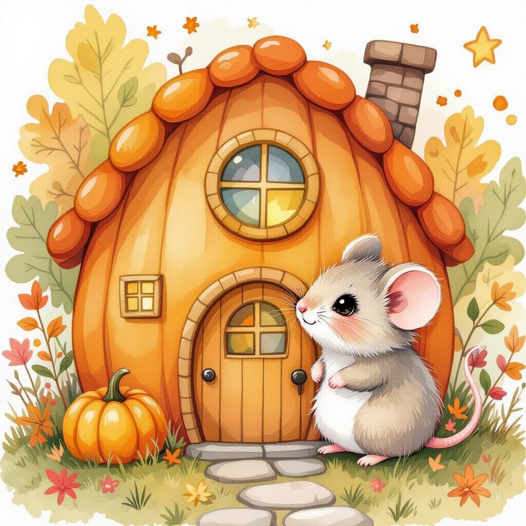 Cute Pumpkin House with Kawaii Mouse in Watercolor Style