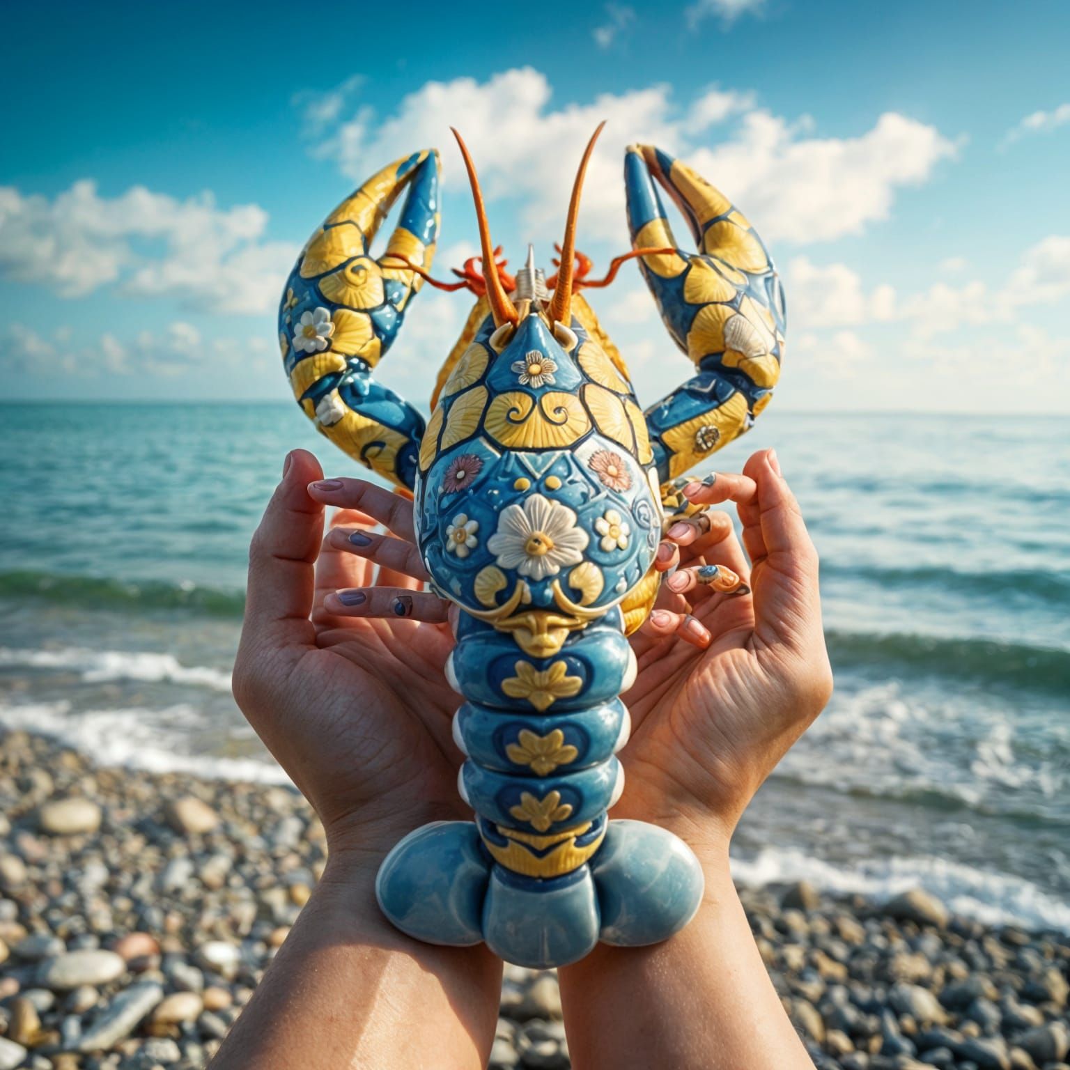 Surreal Lobster with Azure Blue Porcelain Shell and Floral M...