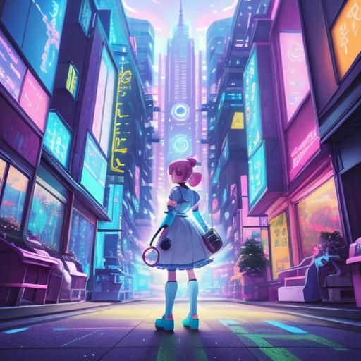 Pastel Neon Maid in Futuristic City