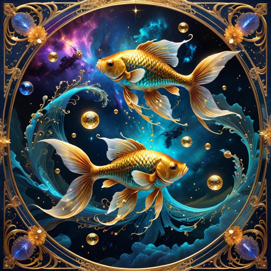 Celestial Fighting Fish in Golden Filigree, Baroque Style