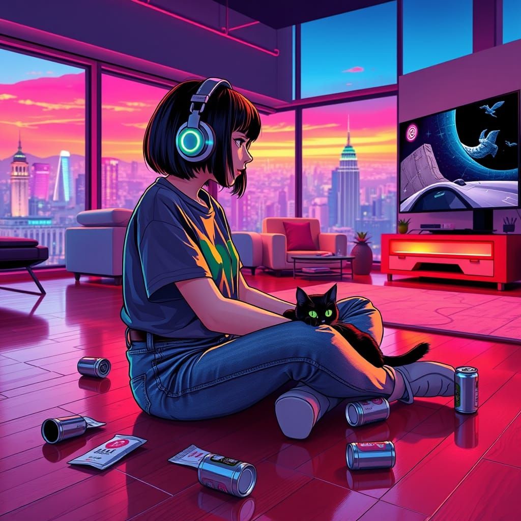 Girl in a Cyberpunk Gaming Den