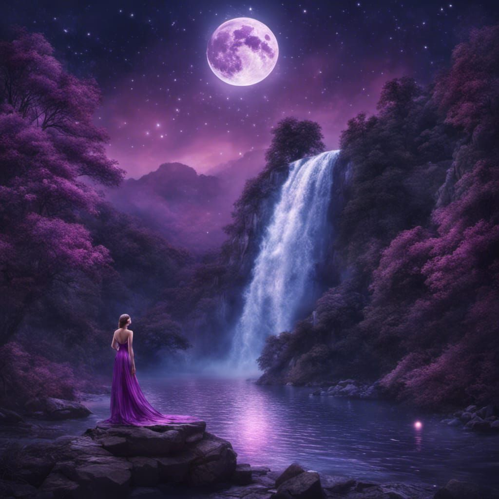 Woman Swimming at Night Waterfall: Digital Matte Painting