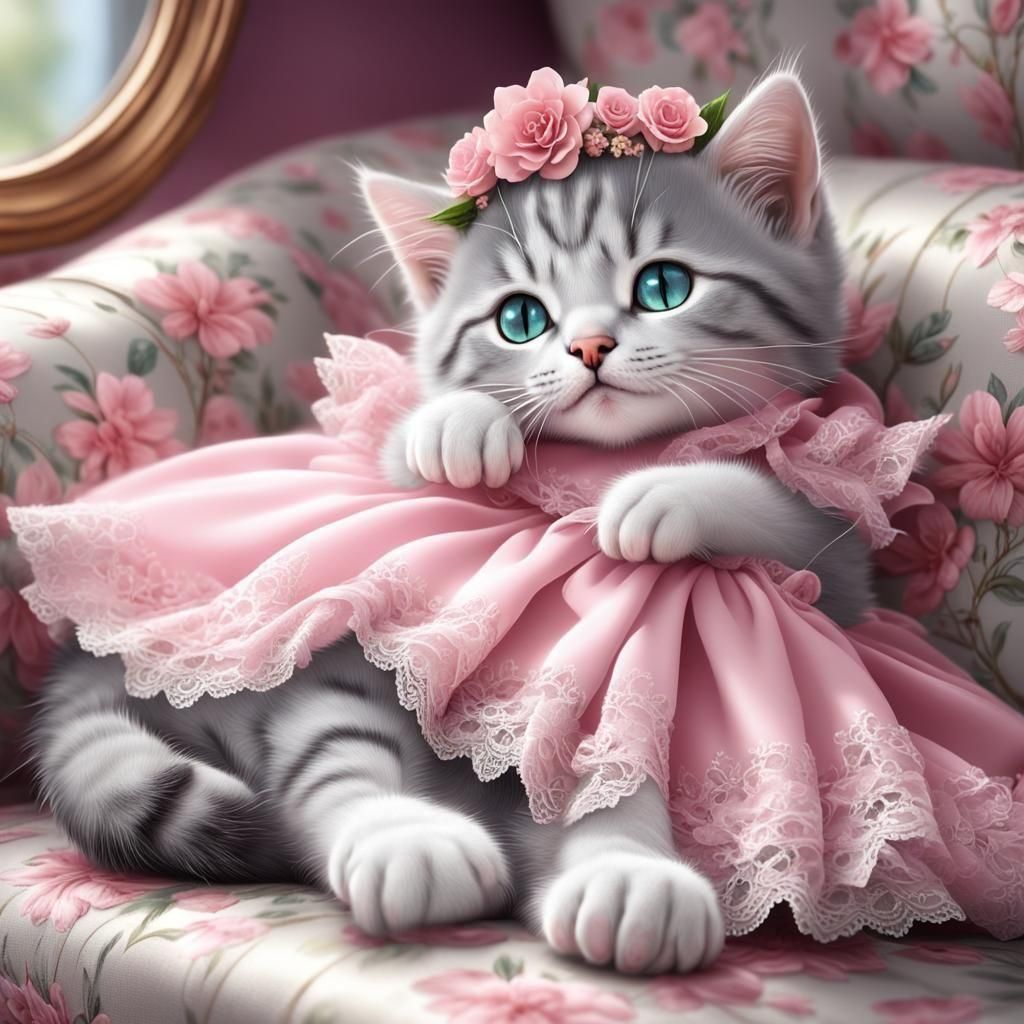 Kitten in Pink Dress on Floral Couch