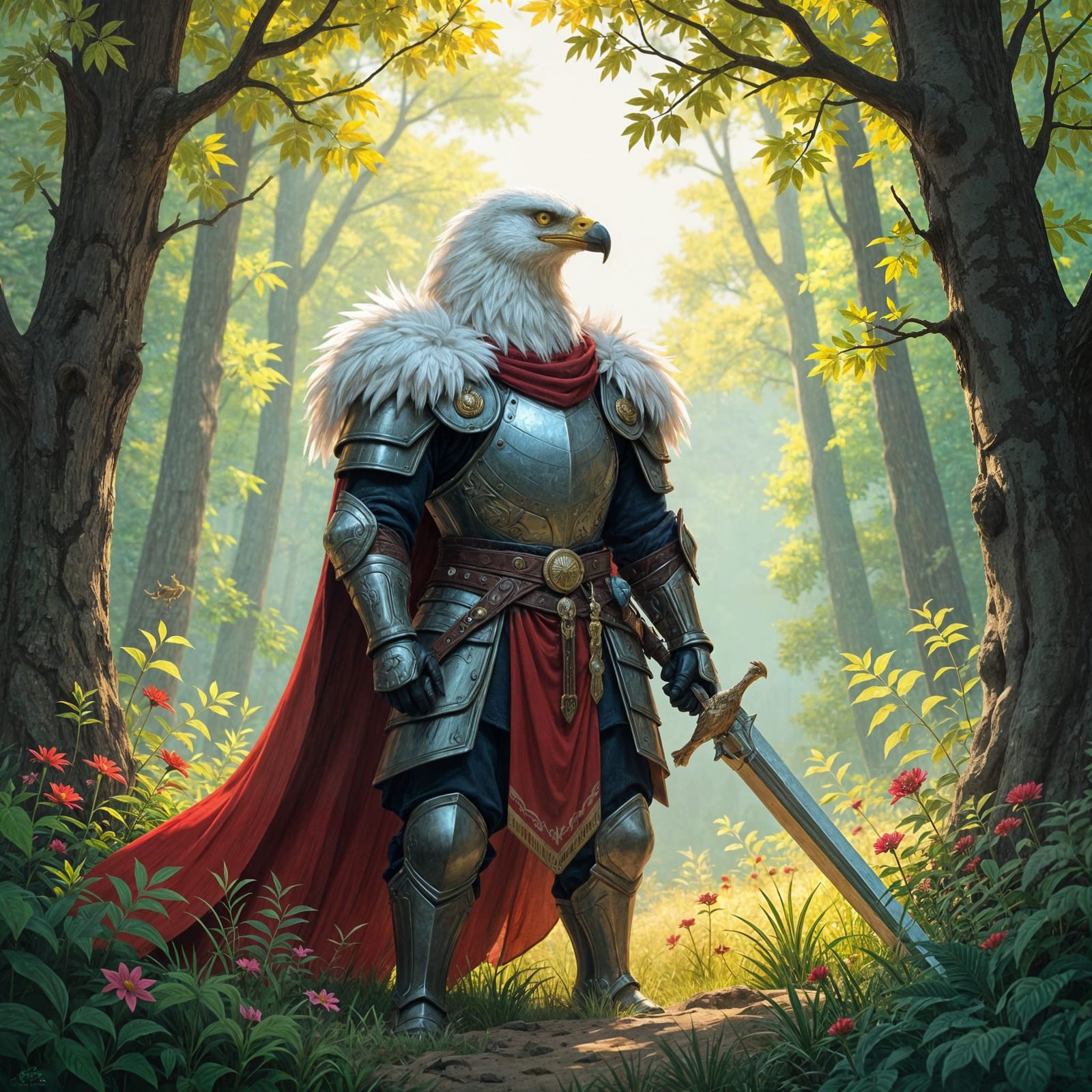 Griffin Knight Guards Forest Clearing in Painterly Style