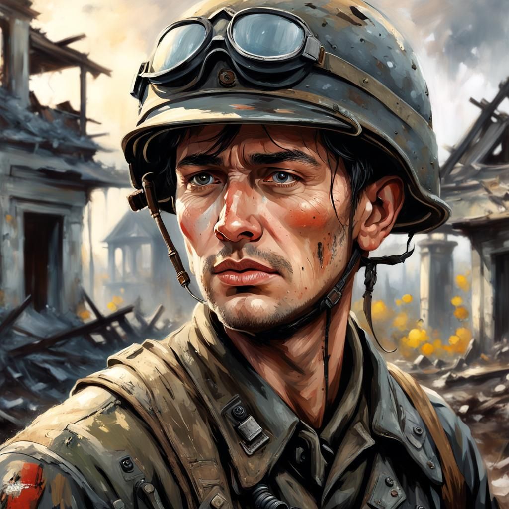 WWII Soldier in Ruins: Acrylic Painting Portrait