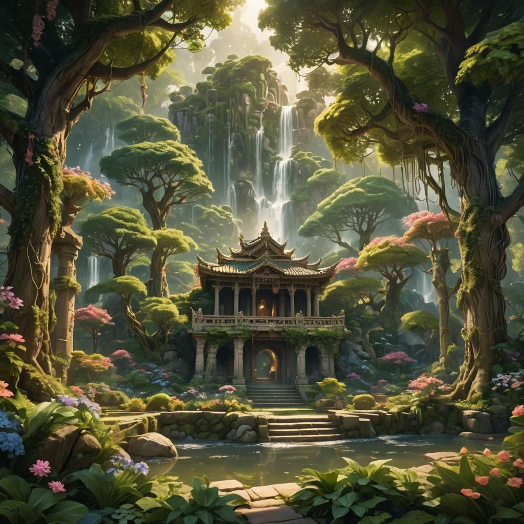 Ethereal Open-Air Temple in Lush Gardens