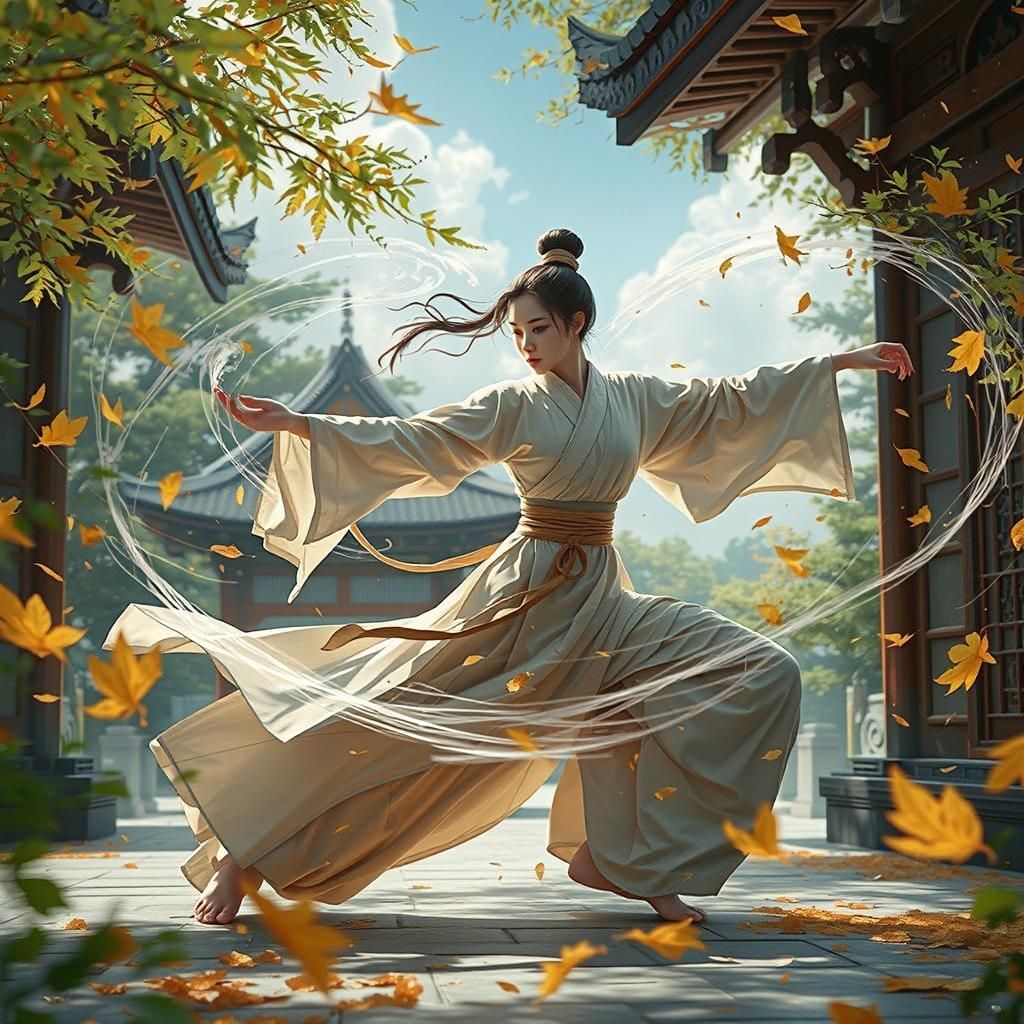 Female Monk Airbending in Japanese Shrine: 3D Anime Art