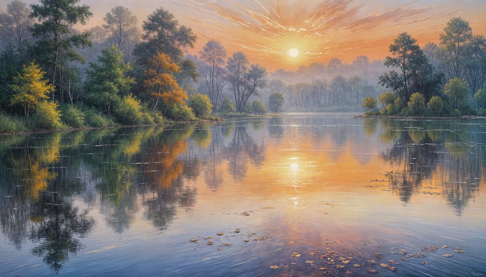 Oil Painting of Tranquil Lake at Sunset