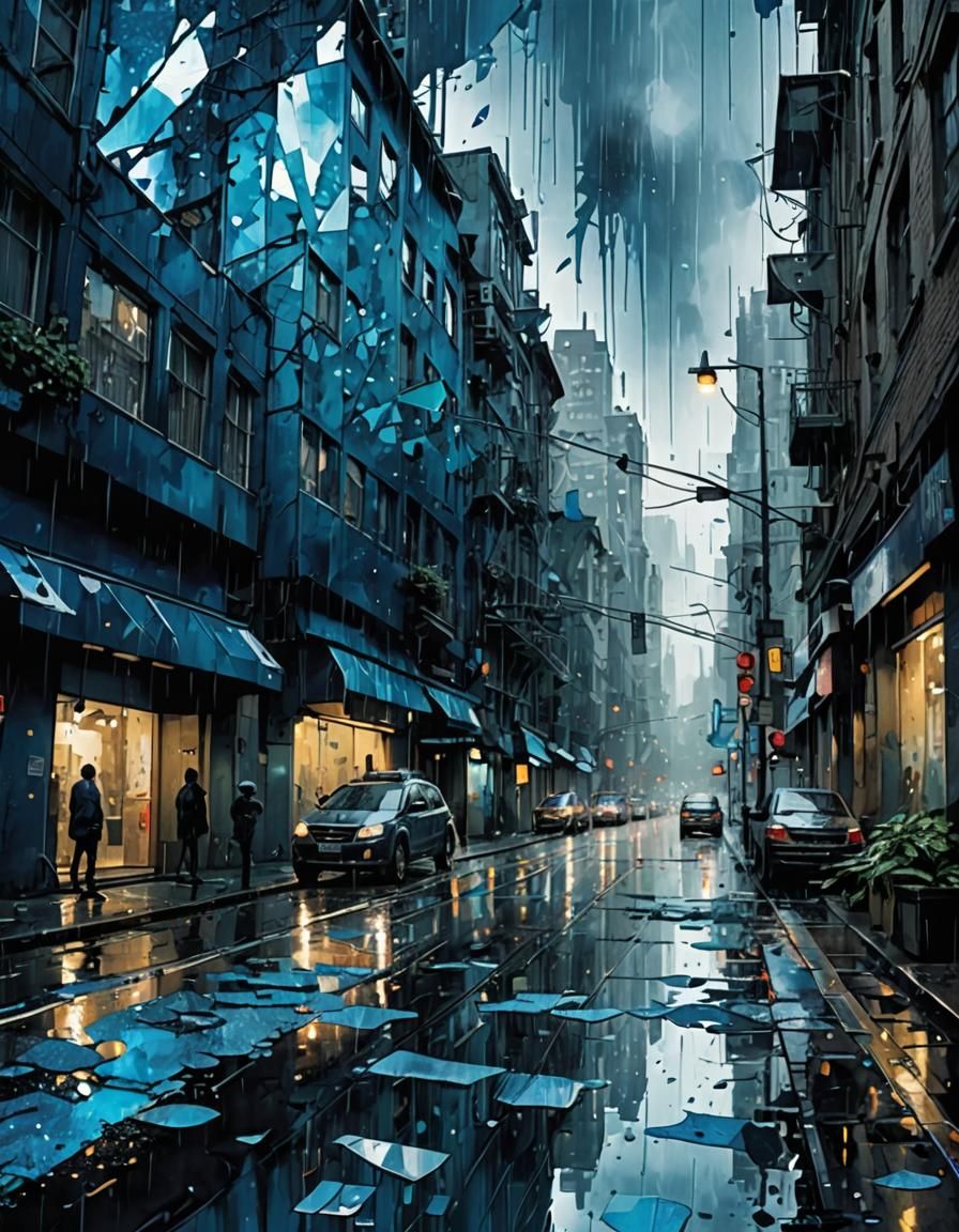 Blue Fractal Rain: Digital Watercolor Cityscape
